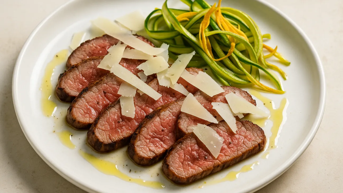 Tagliata di manzo scaglie di pecorino fiori di zucchina crudi"