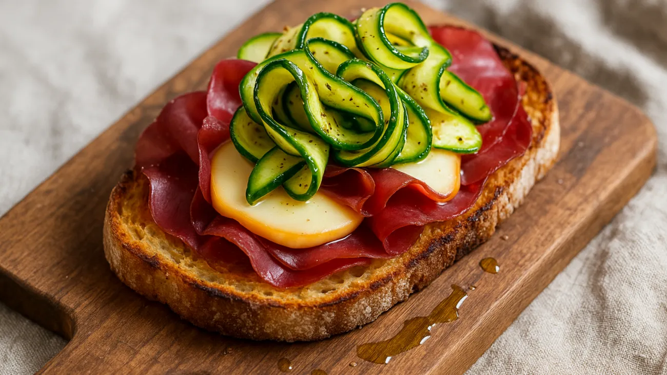 crostone con bresaola zucchine marinate tortino di scamorza"